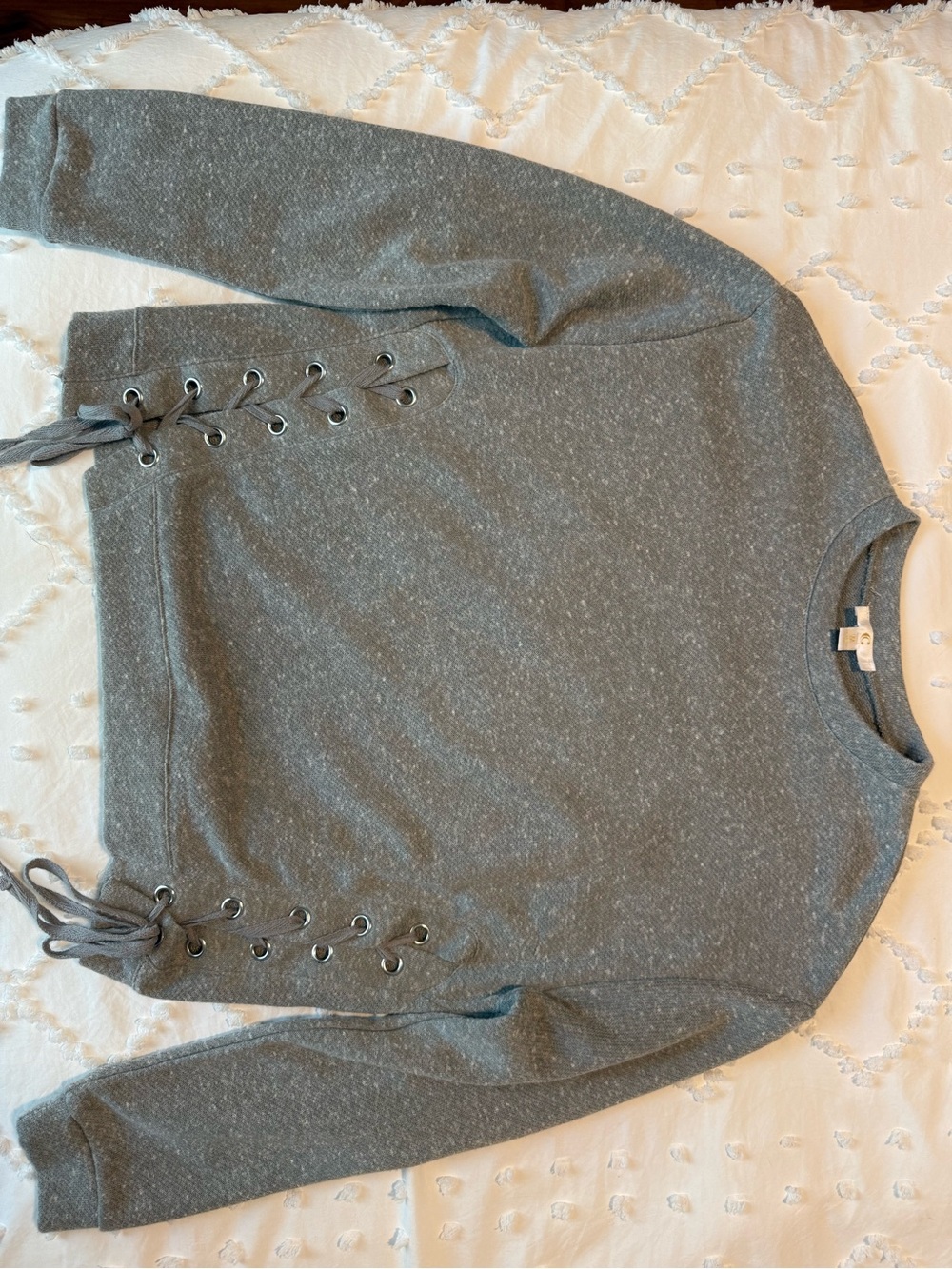 Gray Lace-Up Side Hem Crewneck Sweater